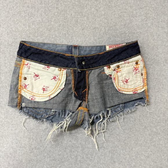 True Religion Joey Low Rise Micro Mini Cut Off Blue Denim Jean Shorts Size 28 - Picture 7 of 8
